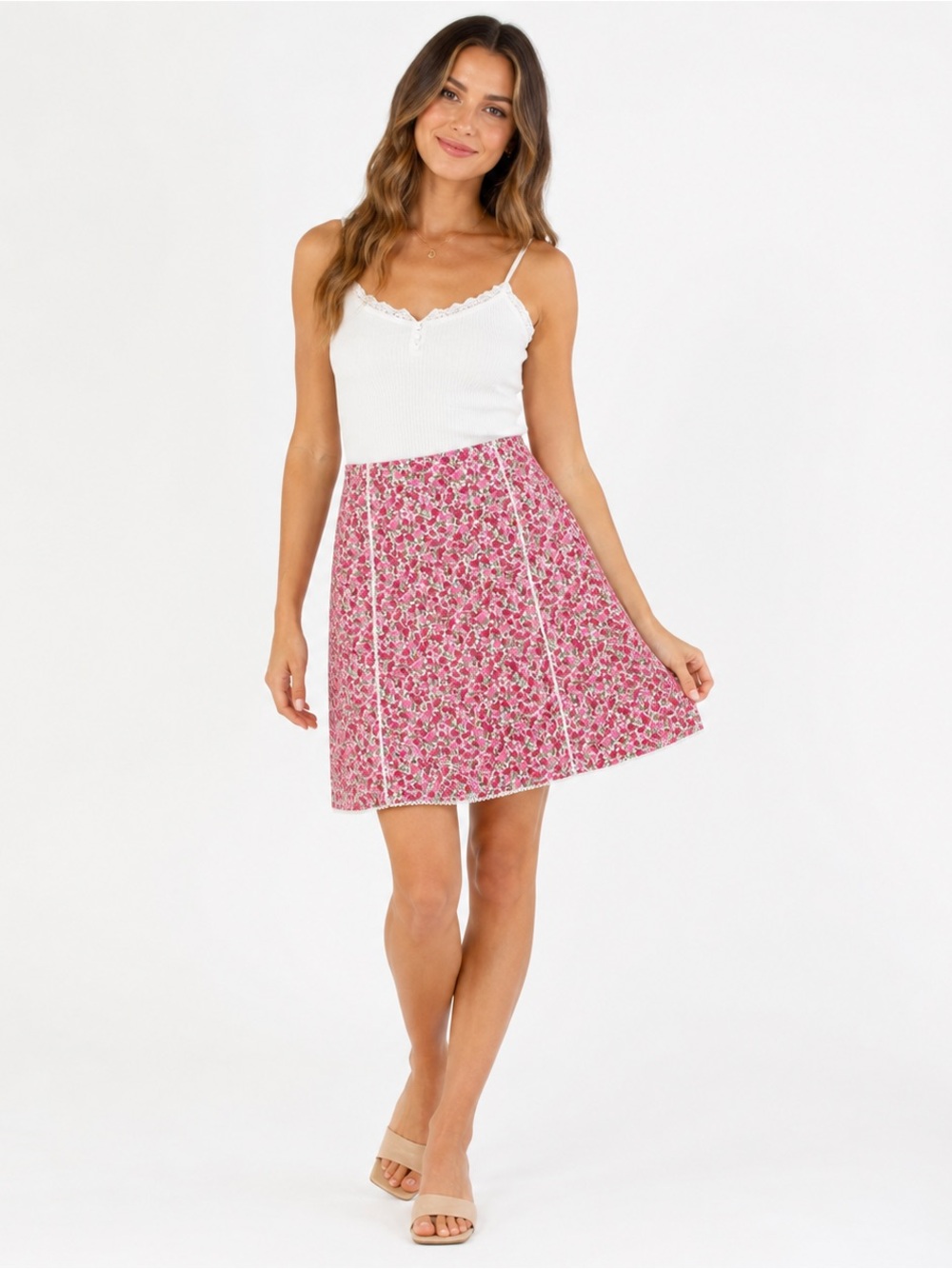 Will’s River Co Pink Floral Skirt Size 16 Cottagecore A-Line Lace Trim